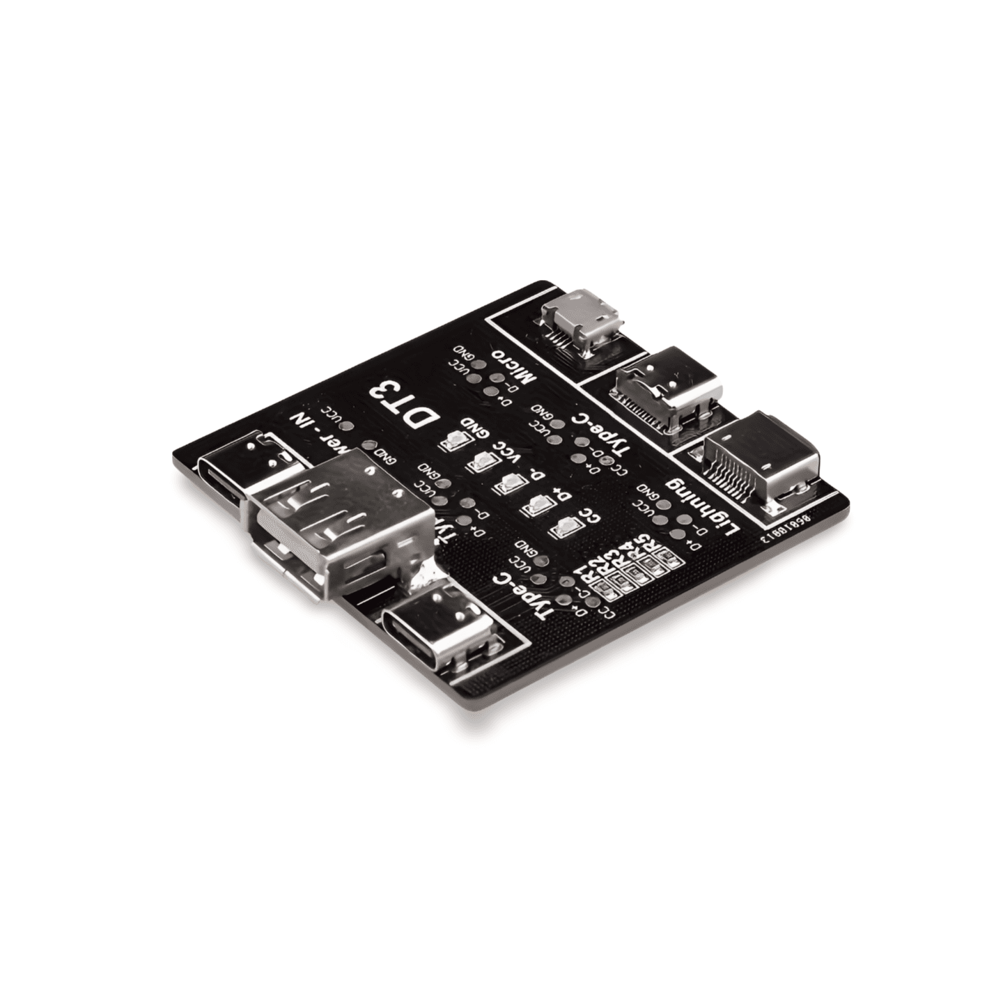 USB Data Test Board Tool Breakout with LEDs DT3 USB C Lightning Micro B - Black